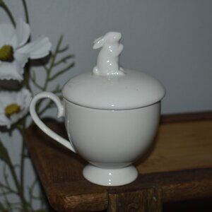 Vintage Spring Cottage Easter White Porcelain Teacup With Rabbit Topper Lid
